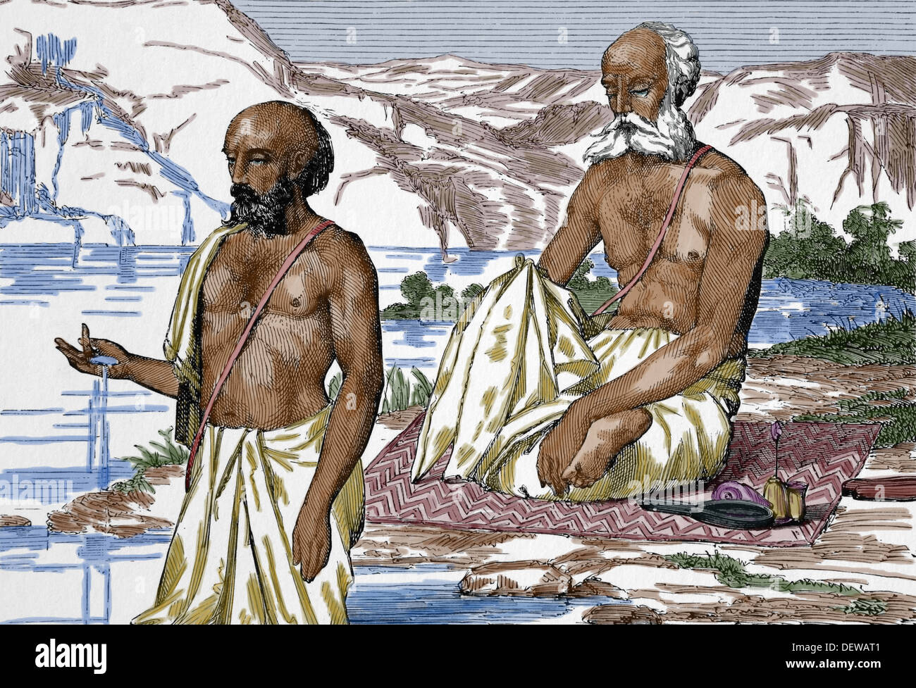 Asia. India. Brahmins workhipping in Benares. Engraving. 19th century. Later colouration. Stock Photo