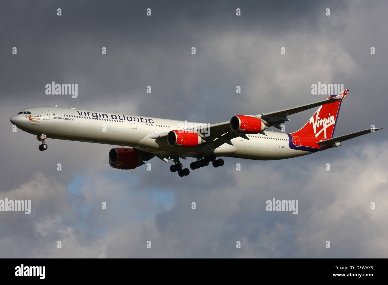 Virgin Atlantic Airbus A340 landing on London Heathrow Stock Photo