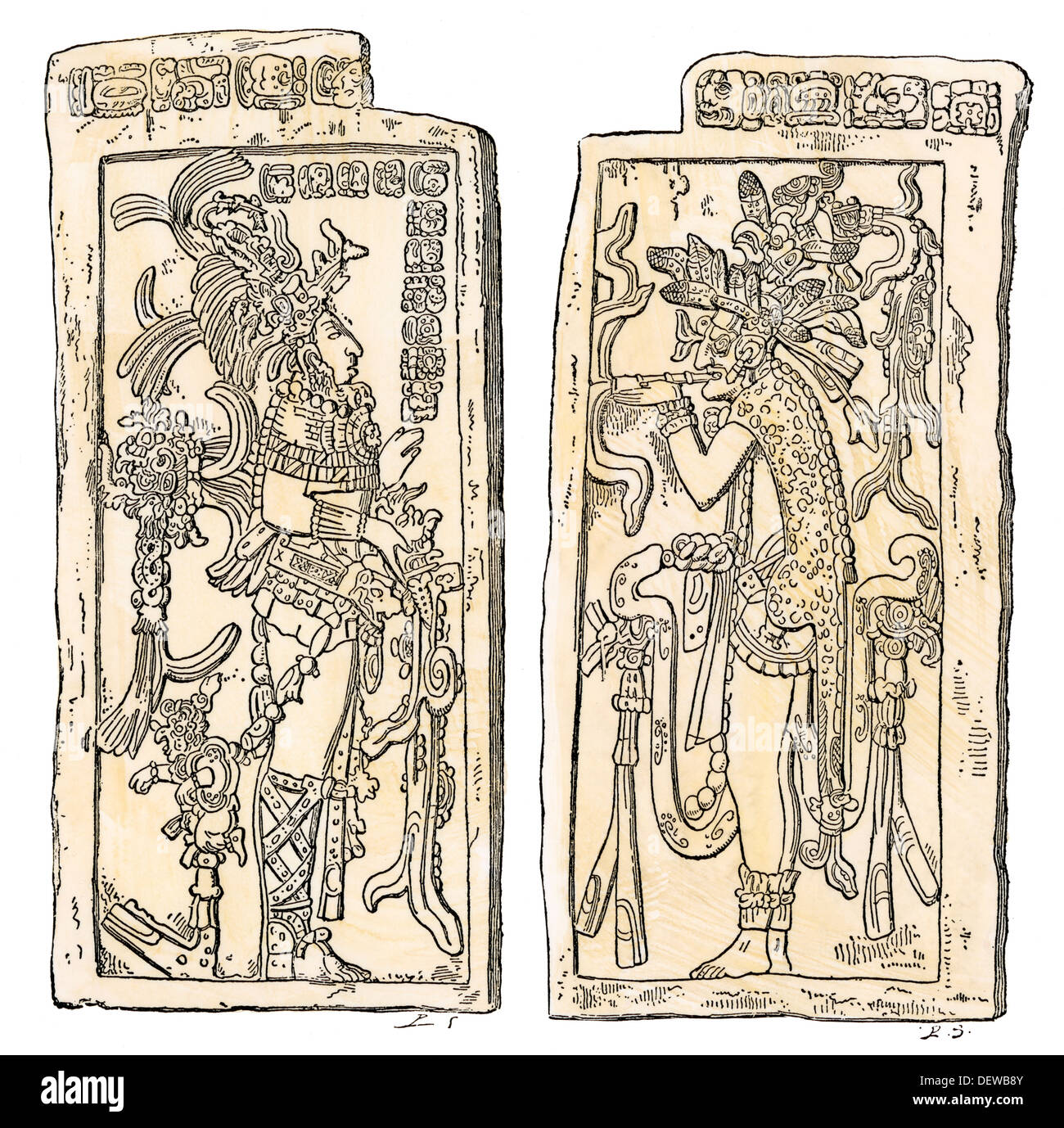 Mayan bas-relief sculptures from Temple of the Cross, Palenque, Mexico. Hand-colored woodcut Stock Photo