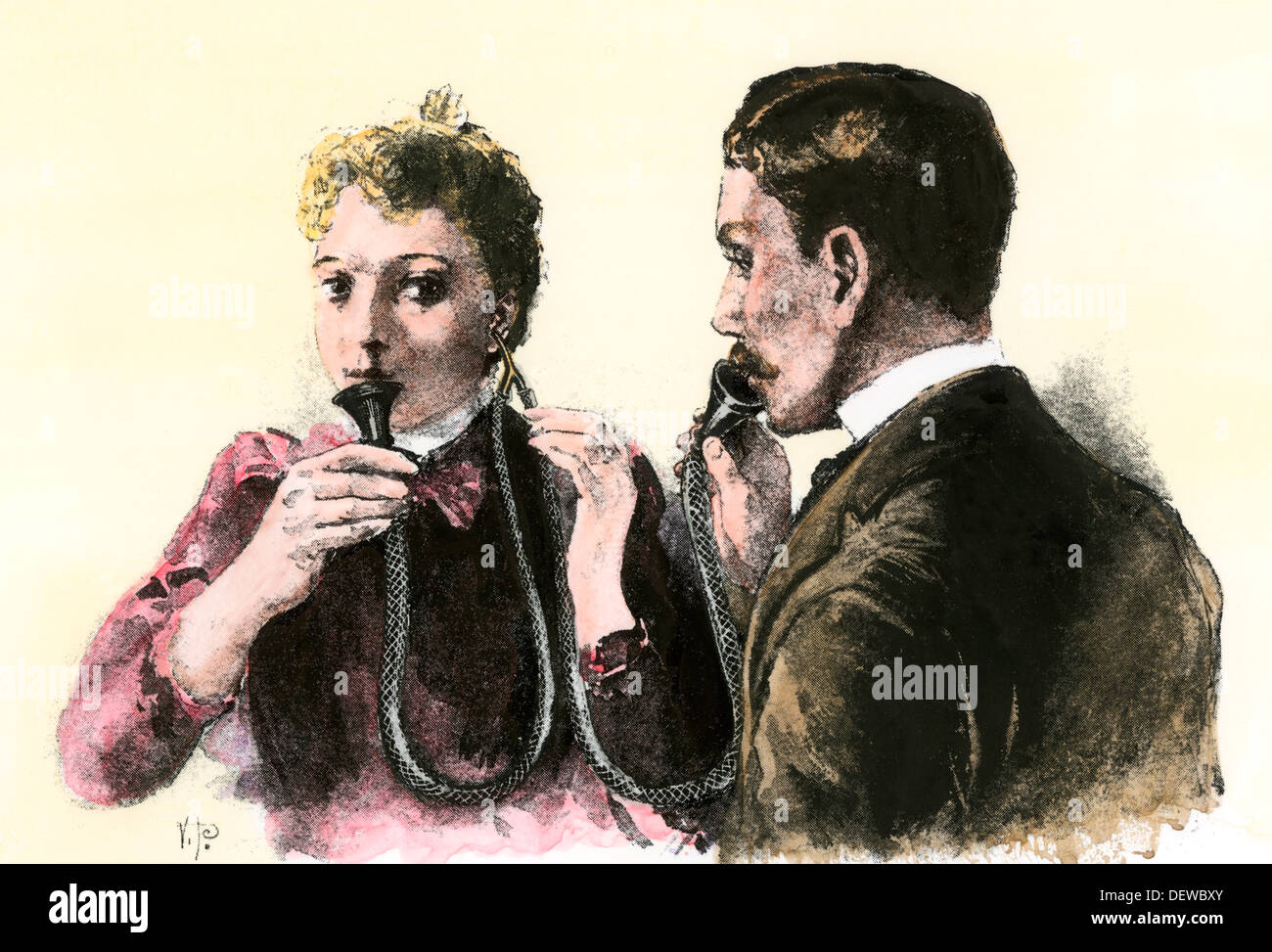 Deaf pupil using a double speaking tube to imitate teacher's speech