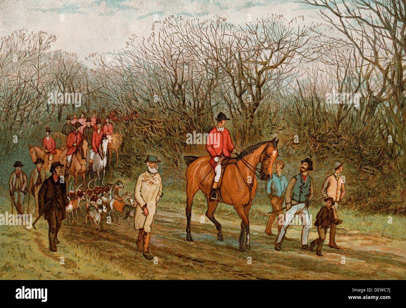 Hunters and hounds in England, 1800s. Color lithograph of a G. L. Harrison illustration Stock Photo