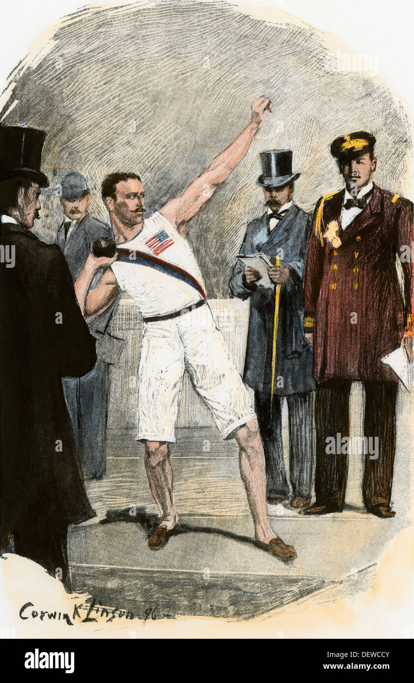 Greek Prince George watching a shot-put attempt by Robert Garrett of Princeton at the 1896 Olympics, Athens. Hand-colored woodcut Stock Photo
