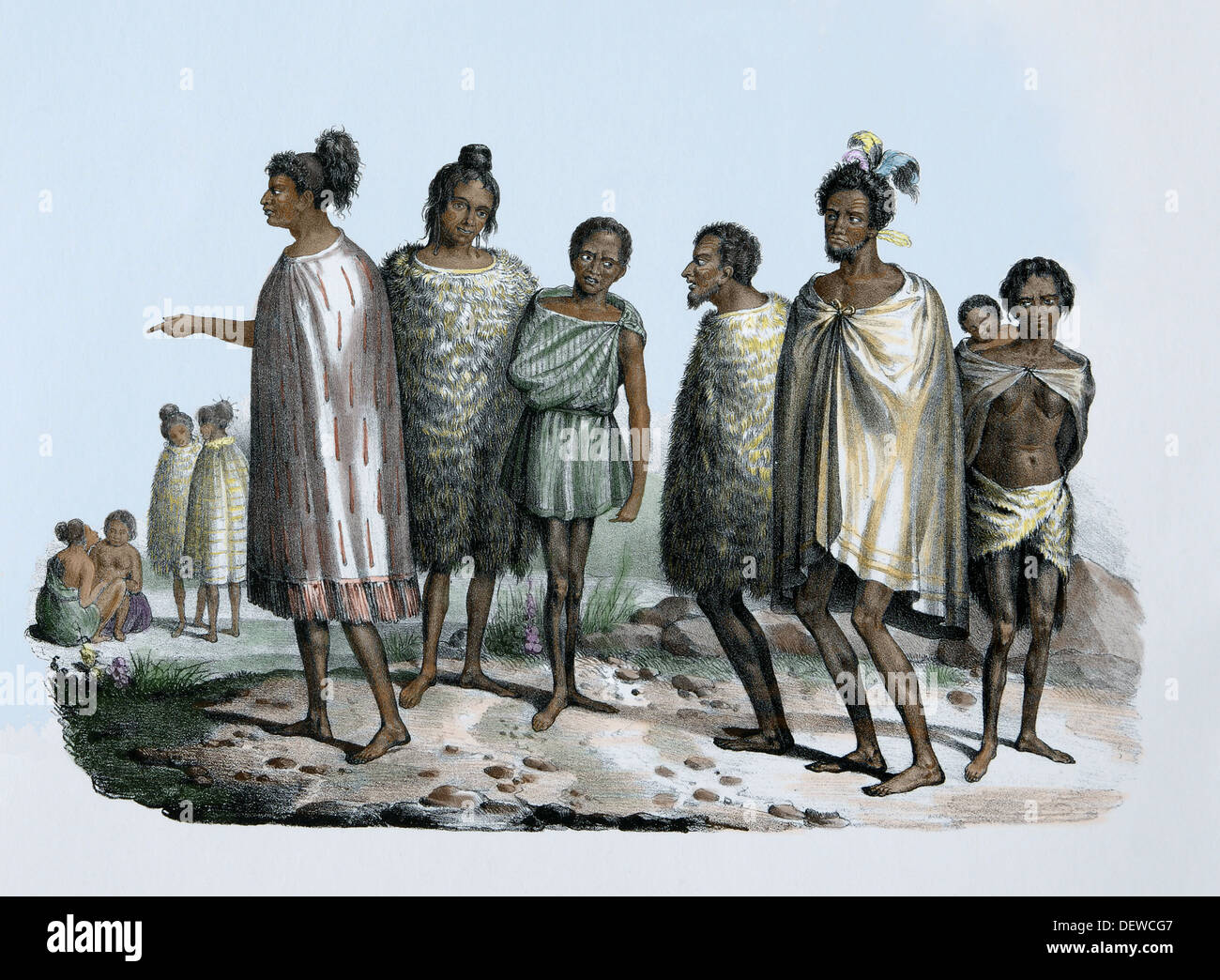 Pacific Islands. New Zealanders, c. 1840. Indigenous polynesian people. Maori culture. Colored engraving. 19th century. Stock Photo