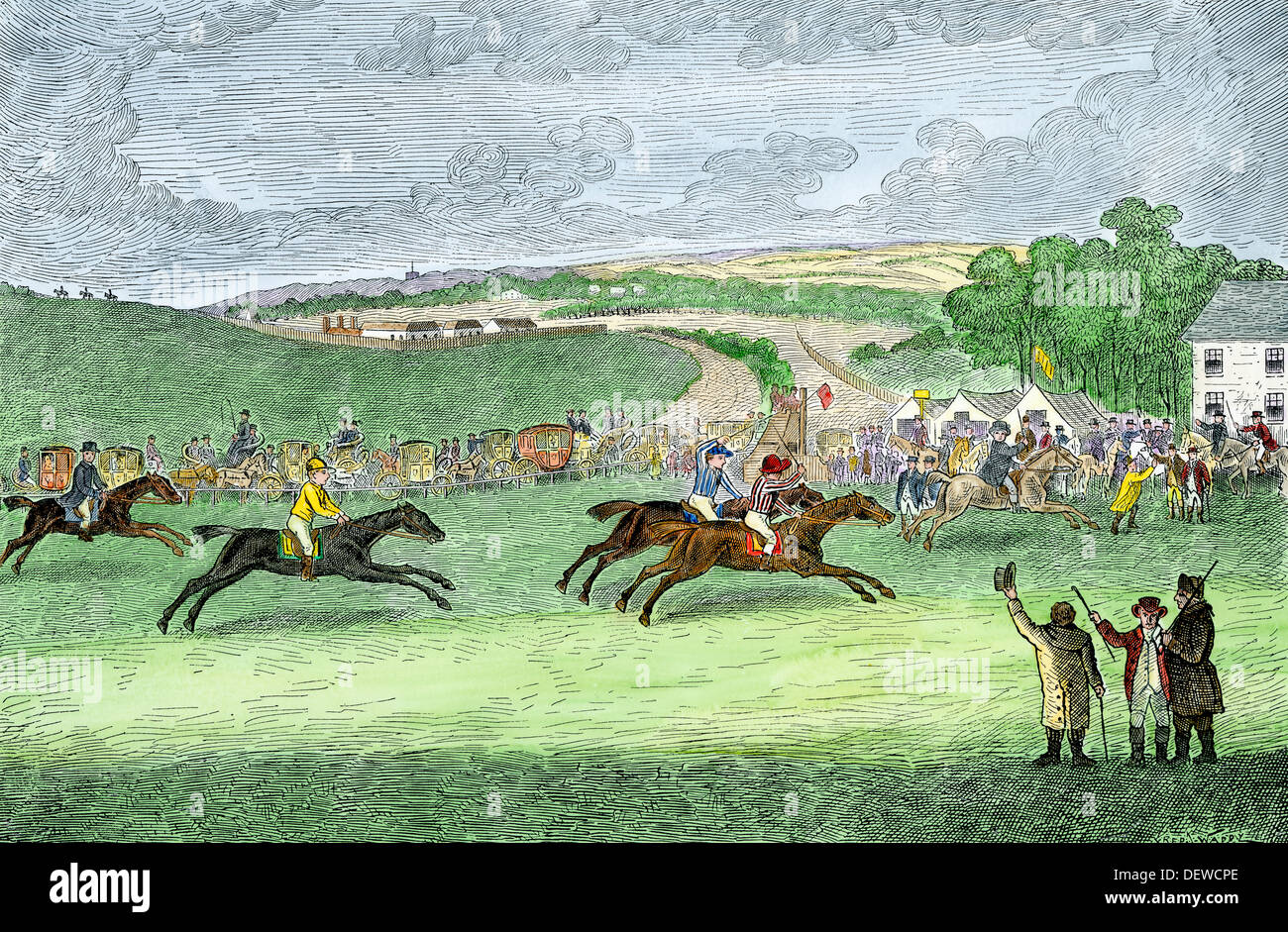 Race for the Derby in 1791, England. Hand-colored woodcut Stock Photo