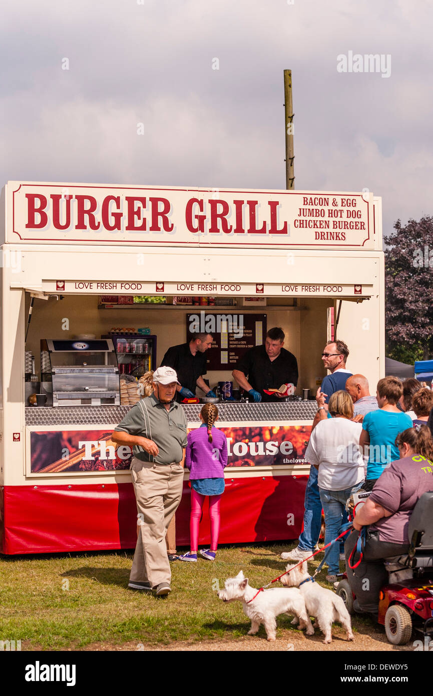 A burger grill stall at The All About Dogs Show at the Norfolk Showground, Norwich, Norfolk, England, Britain, Uk Stock Photo