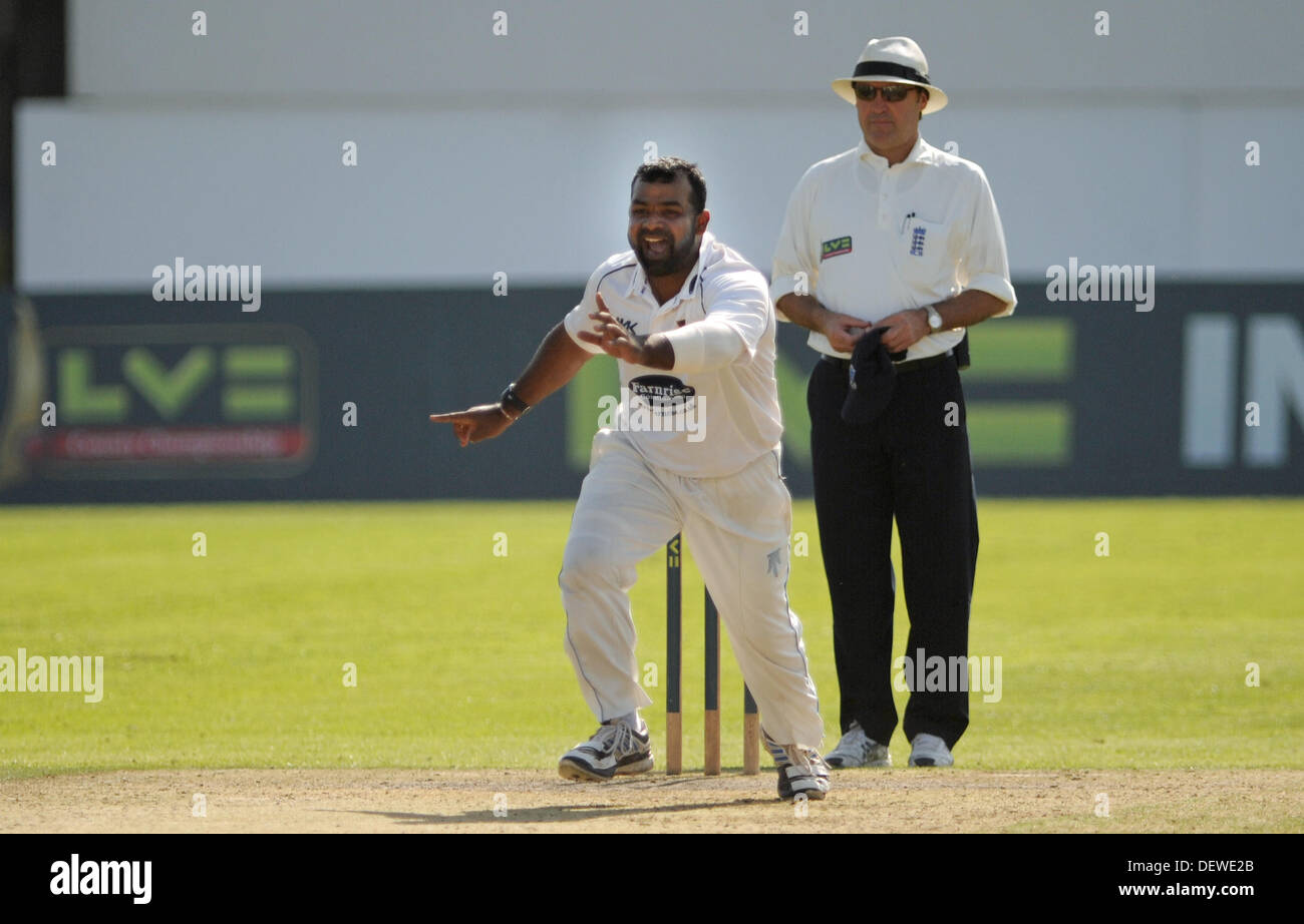 Hove Sussex UK 24 September 2013 - Sussex spin bowler Ashar Zaidi appeals for a wicket against Durham during the first day of their LV County Championship cricket match at the County Ground Hove Stock Photo