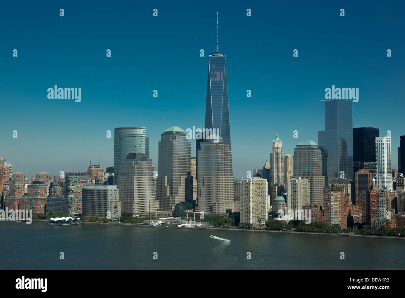AERIAL HUDSON RIVER DOWNTOWN SKYLINE MANHATTAN NEW YORK CITY USA Stock ...