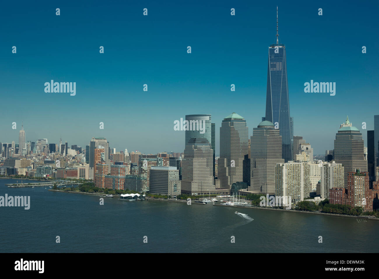 AERIAL HUDSON RIVER DOWNTOWN SKYLINE MANHATTAN NEW YORK CITY USA Stock ...