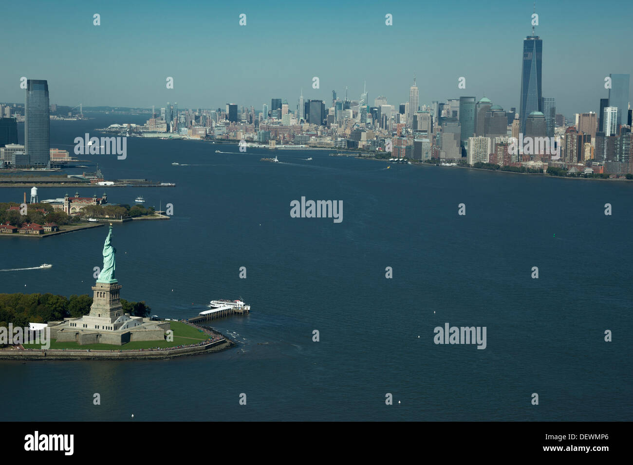 AERIAL STATUE OF LIBERTY DOWNTOWN SKYLINE NEW YORK HARBOR NEW YORK CITY