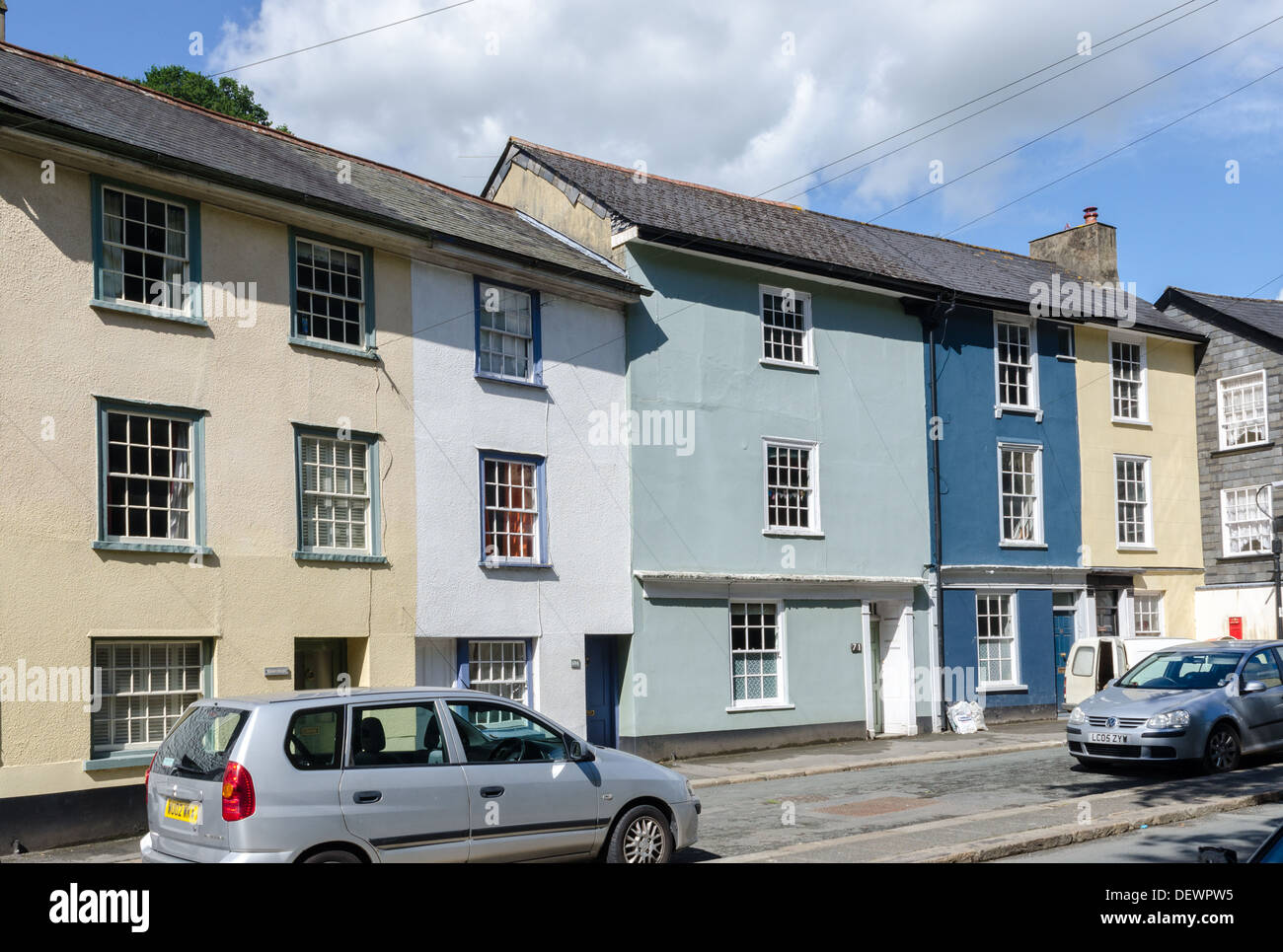 Colourful painted town houses in the ancient Devon stannery town of