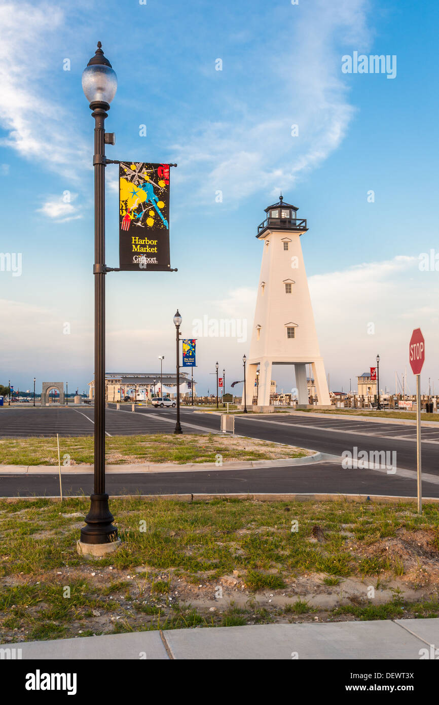 Harbor Market sign on lamp post near the Lighthouse at Jones Park in