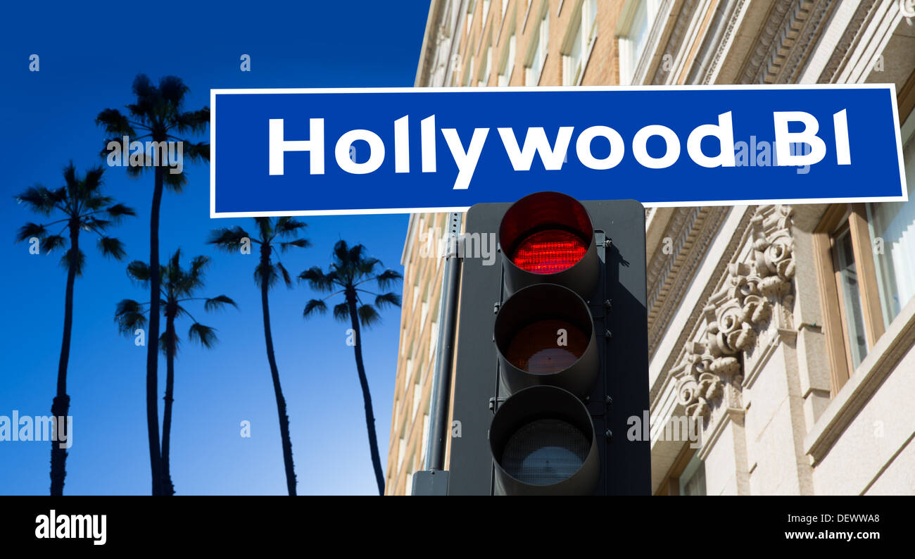 Hollywood Boulevard red light sign illustration on palm trees ...