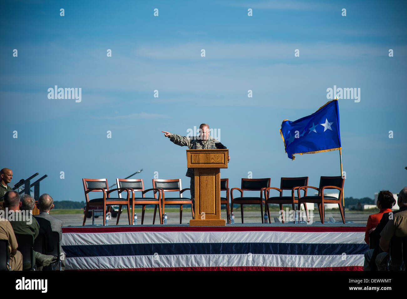 Col. Jeffrey DeVore, Joint Base Charleston commander, gives a speech during a delivery ceremony Sept. 12, 2013, on the flight line at Joint Base Charleston - Air Base, S.C. This historical event comes more than 20 years after the 437th Airlift Wing and th Stock Photo