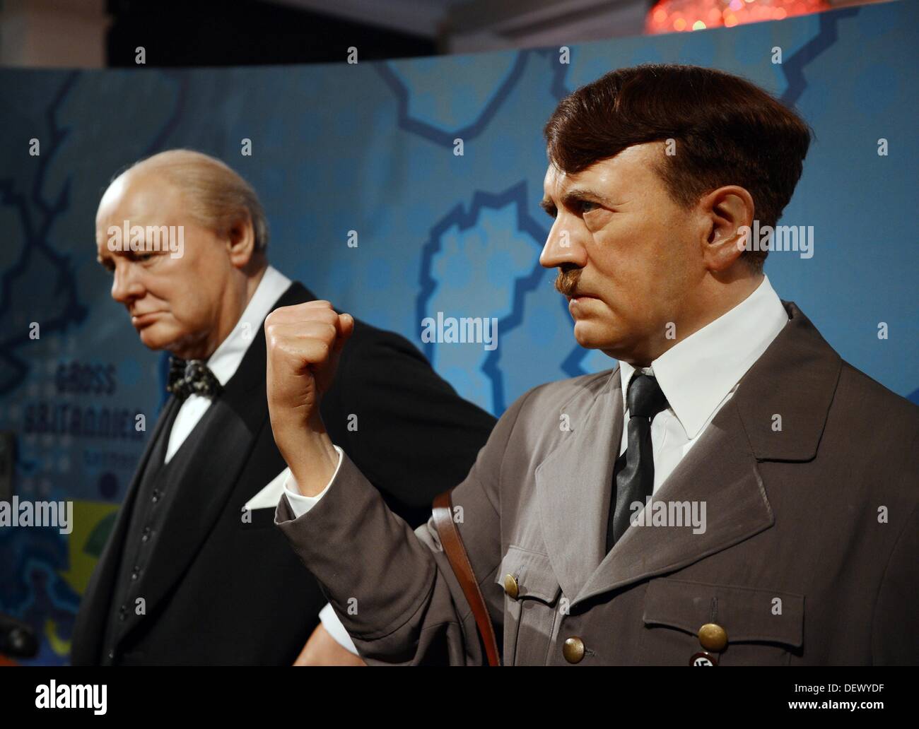 The wax figures of Winston Churchill (L) and Adolf Hitler are pictured in the wax museum Madame Tussauds in London, Great Britain, 15 September 2013. Hitler is already part of the London wax museum since the mid-1930s. In contrast to the Berlin exhibition, it is allowed to photograph the Hitler figure here. Photo: JENS KALAENE/dpa Stock Photo