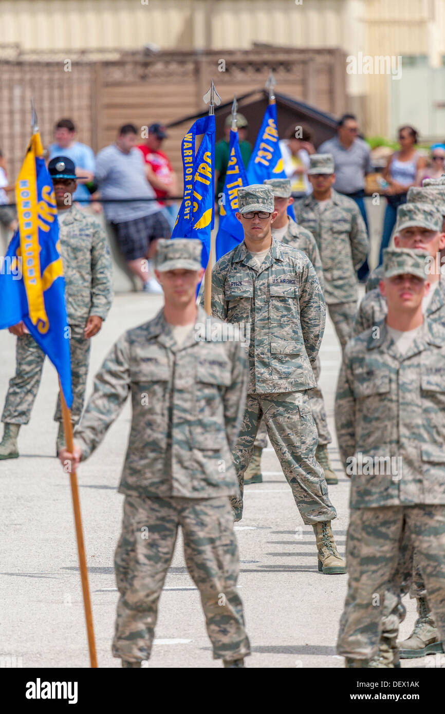 Airmen at parade rest during United States Air Force basic training graduation ceremonies In San Antonio, Texas Stock Photo