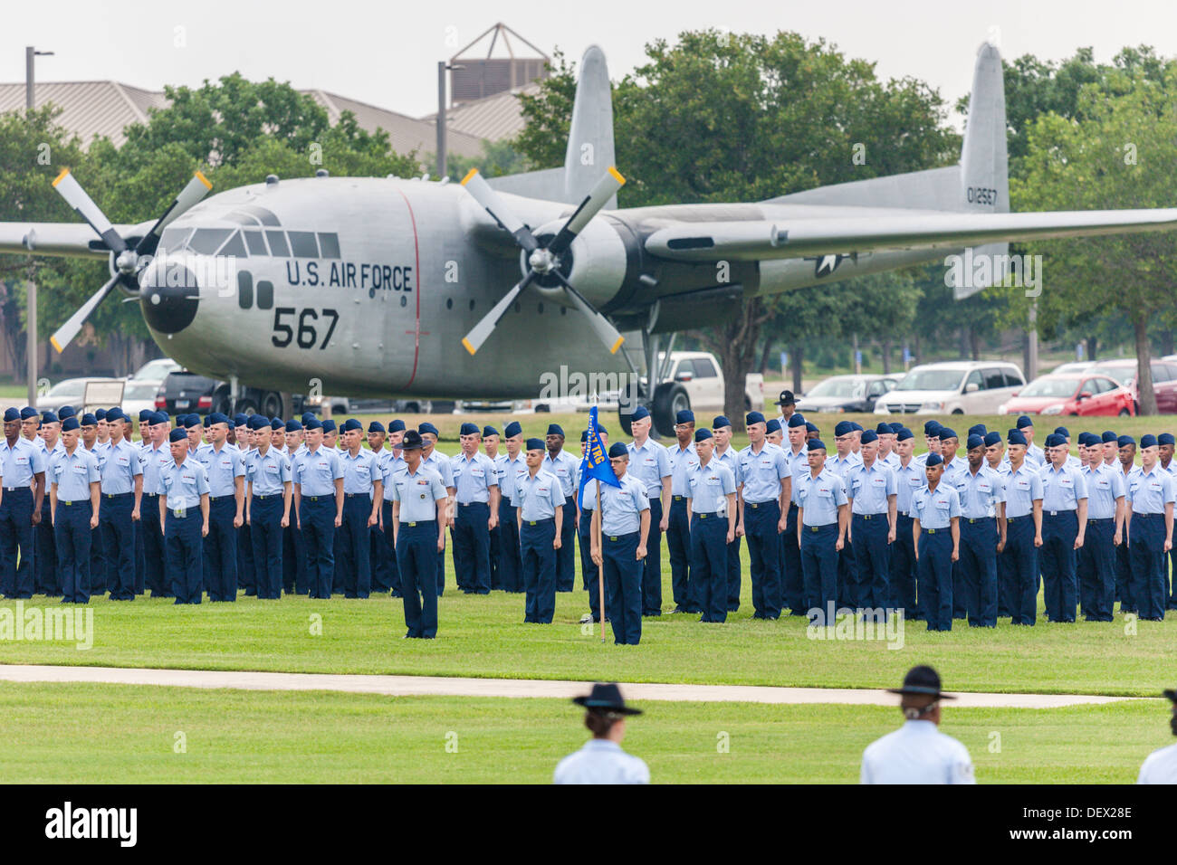 Flights of airmen in formation during United States Air Force basic training graduation ceremonies In San Antonio, Texas Stock Photo