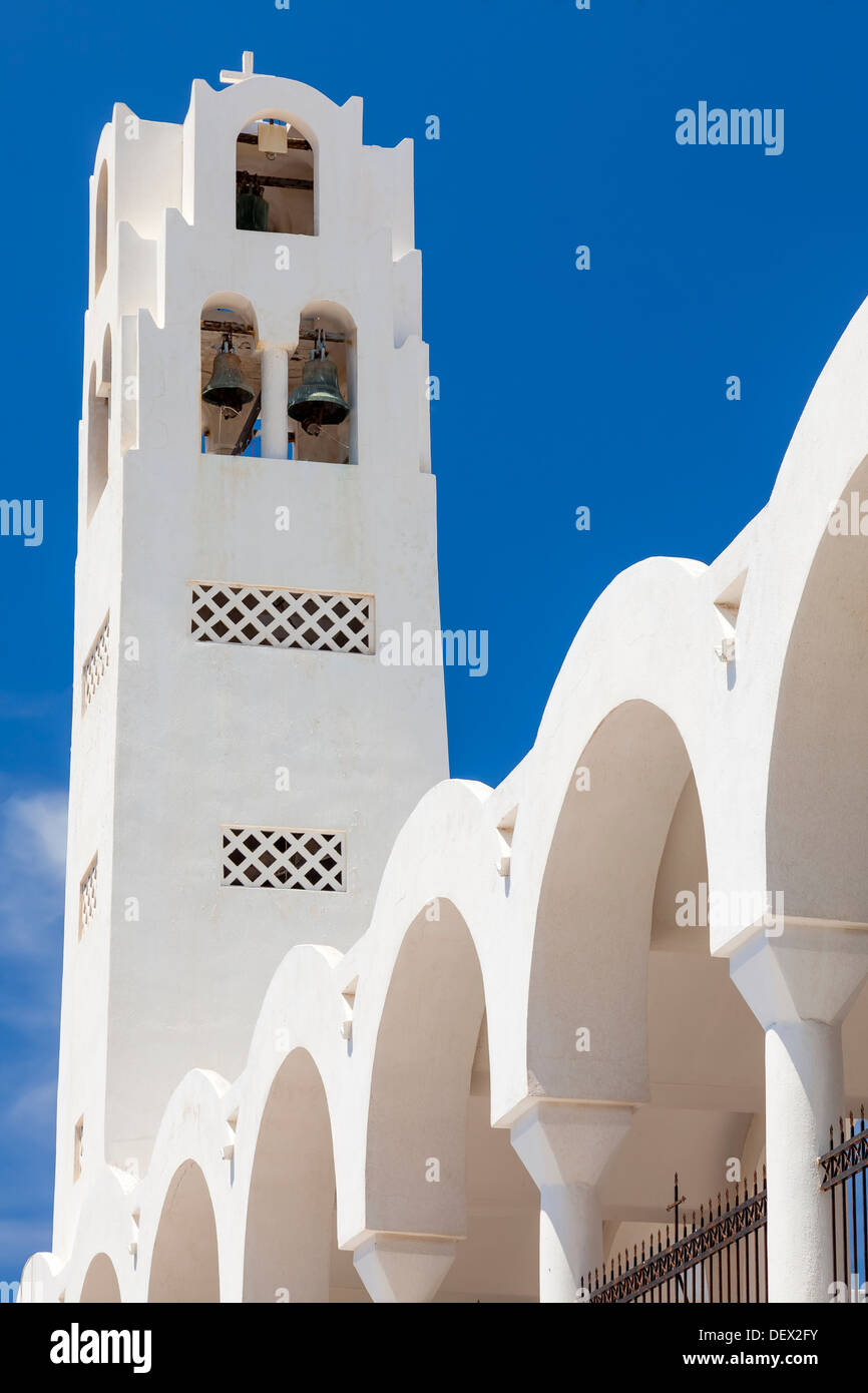 Bell tower on the Orthodox Metropolitan Cathedral Fira (Thira) Santorini Greece Stock Photo