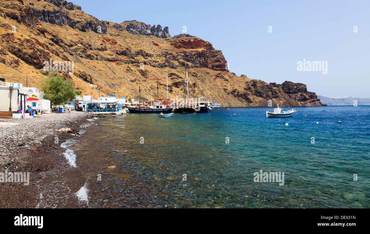 The port and beach at Thirasia Island Santorini Greece Europe Stock Photo