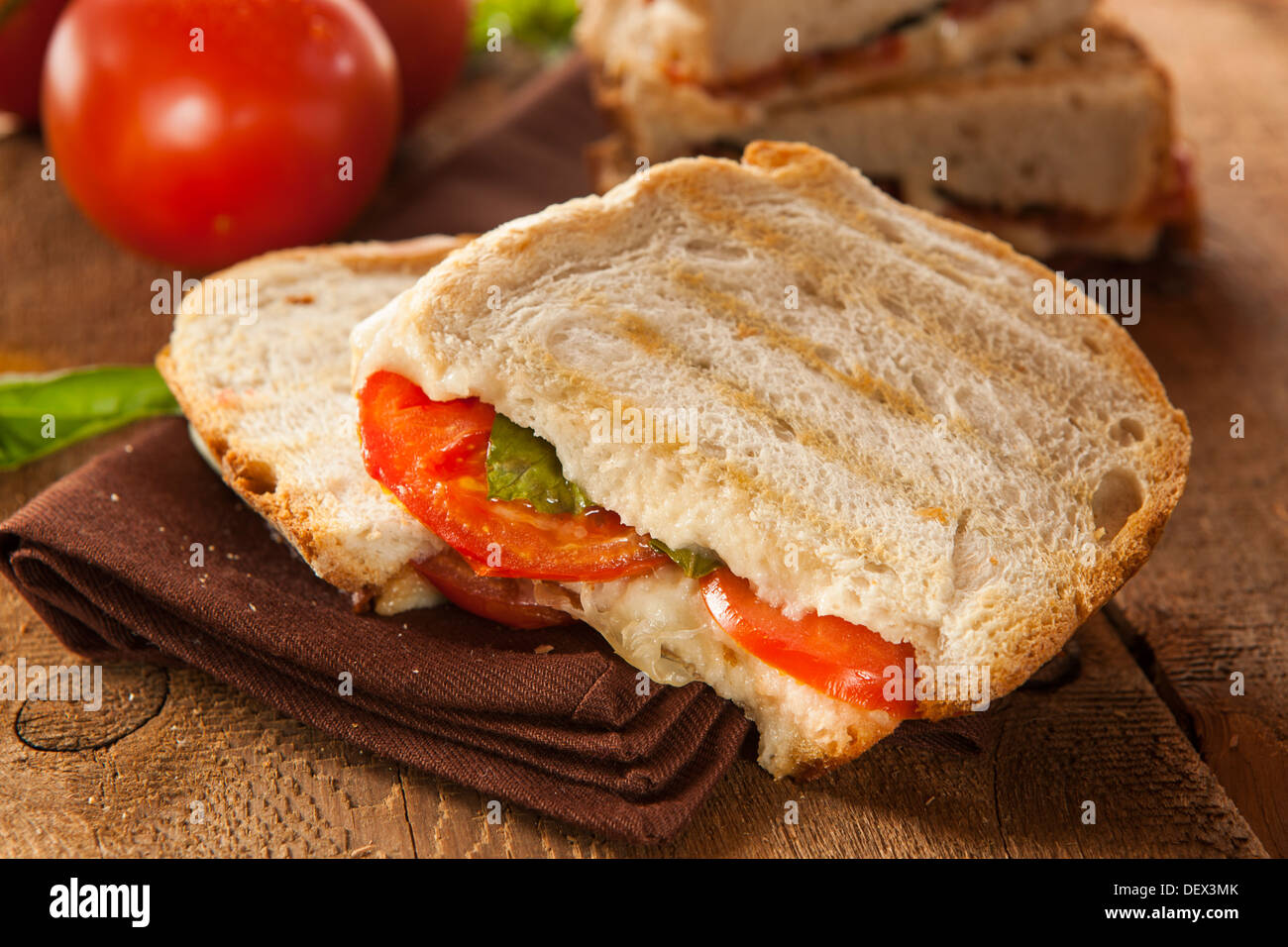 Homemade Tomato and Mozzarella Panini with Basil Stock Photo