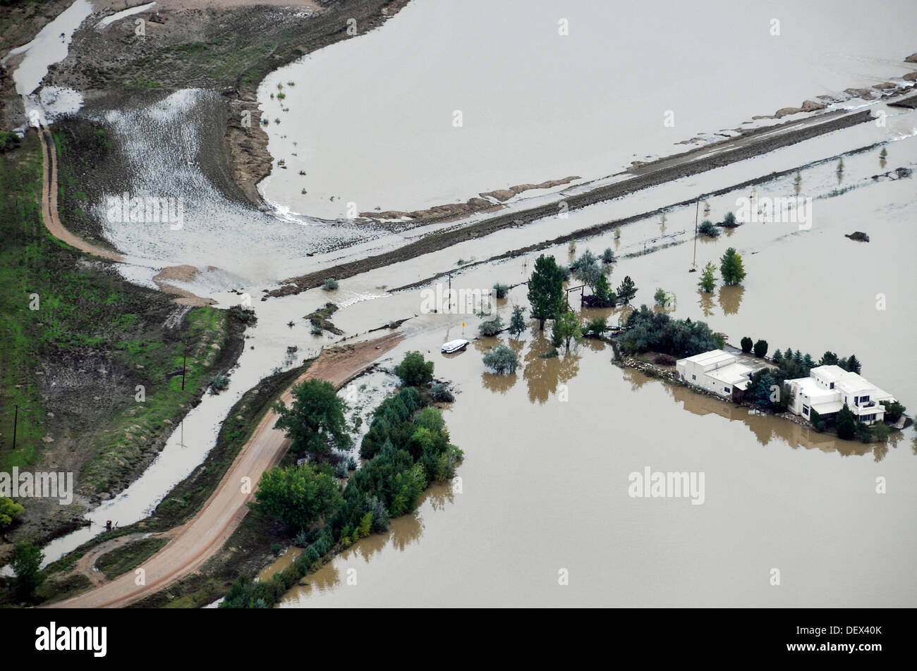 Arial view of massive flooding damage to roads September 18, 2013 over Longmont, CO. Record flooding resulted from heavy rains and deforestation caused by forest fires. Stock Photo