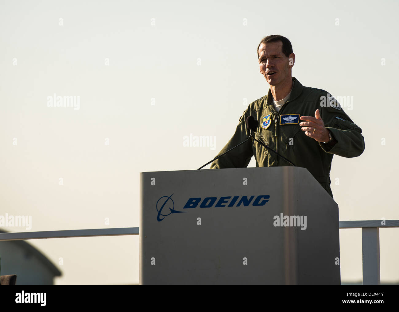 Lt. Gen. Stanley Clarke, Air National Guard director, speaks to Boeing employees at the final U.S. Air Force C-17 Globemaster II Stock Photo