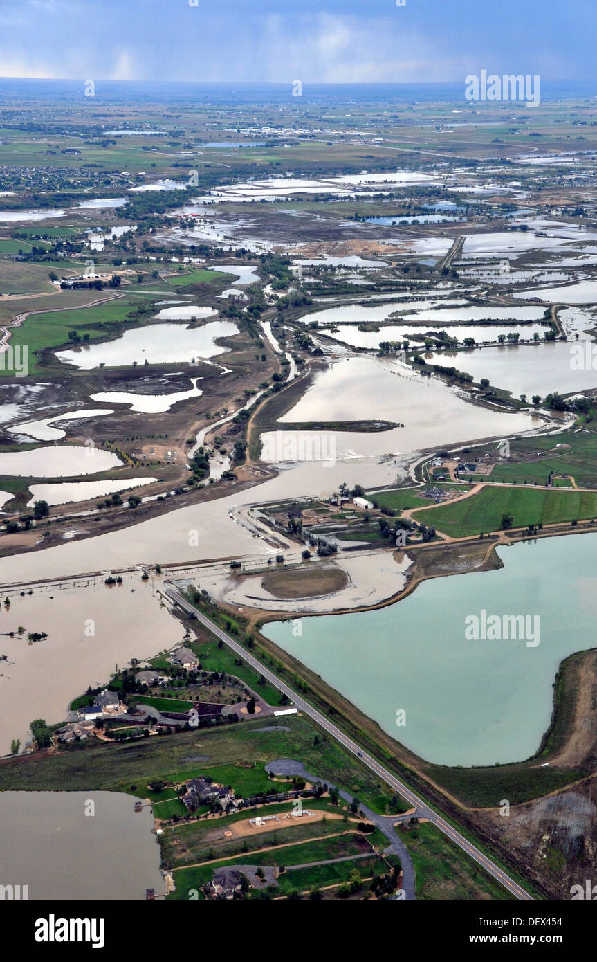 Arial view of massive flooding Septembver 18, 2013 over Longmont, CO. Record flooding resulted from heavy rains and deforestation caused by forest fires. Stock Photo