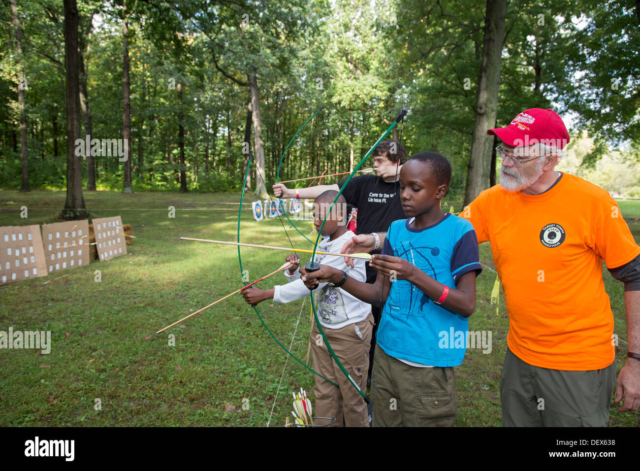 New Boston, Michigan Boy Scouts learn archery at a weekend gathering
