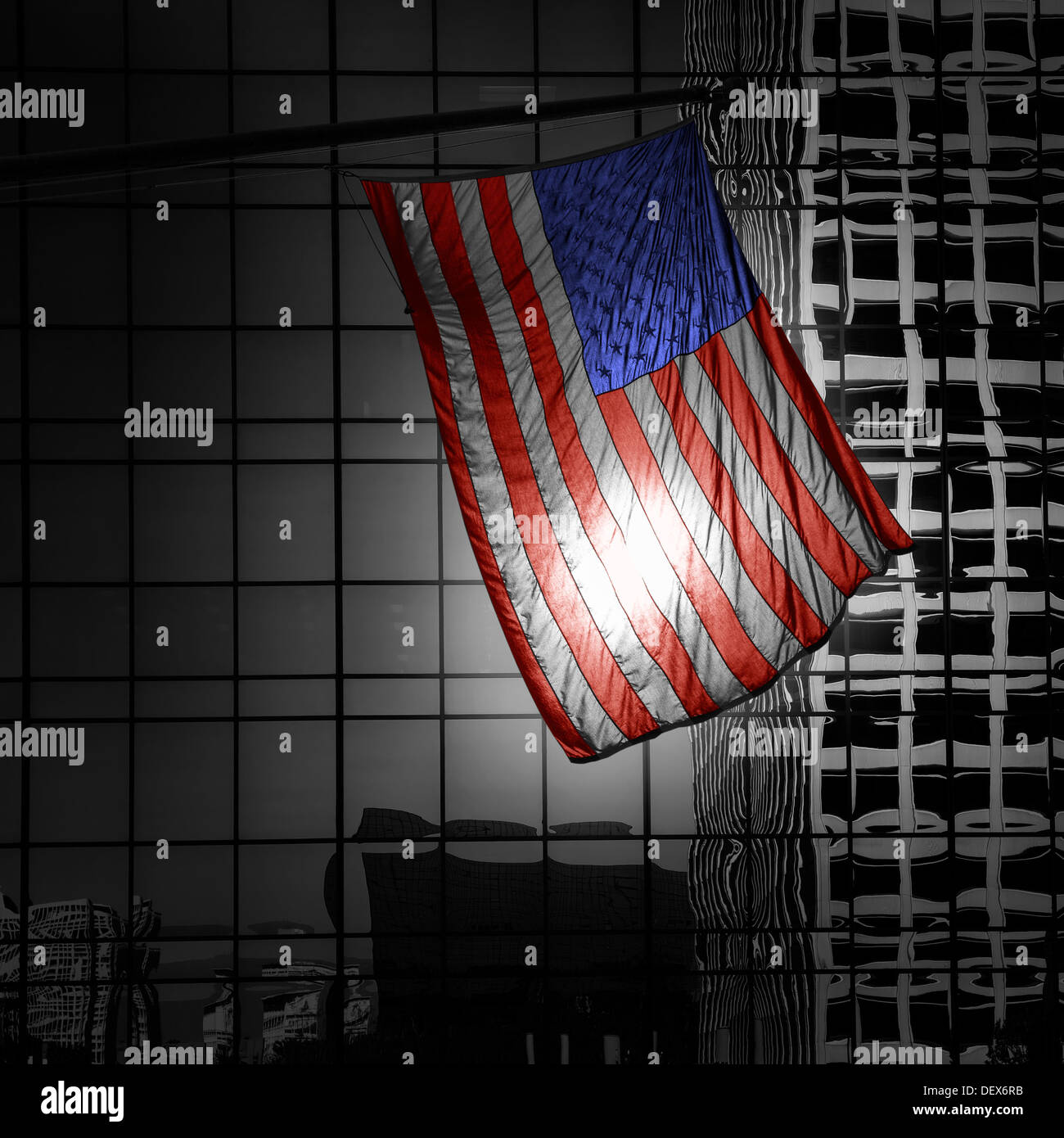 US american symbol flag over Black and white modern LA city buildings Stock Photo
