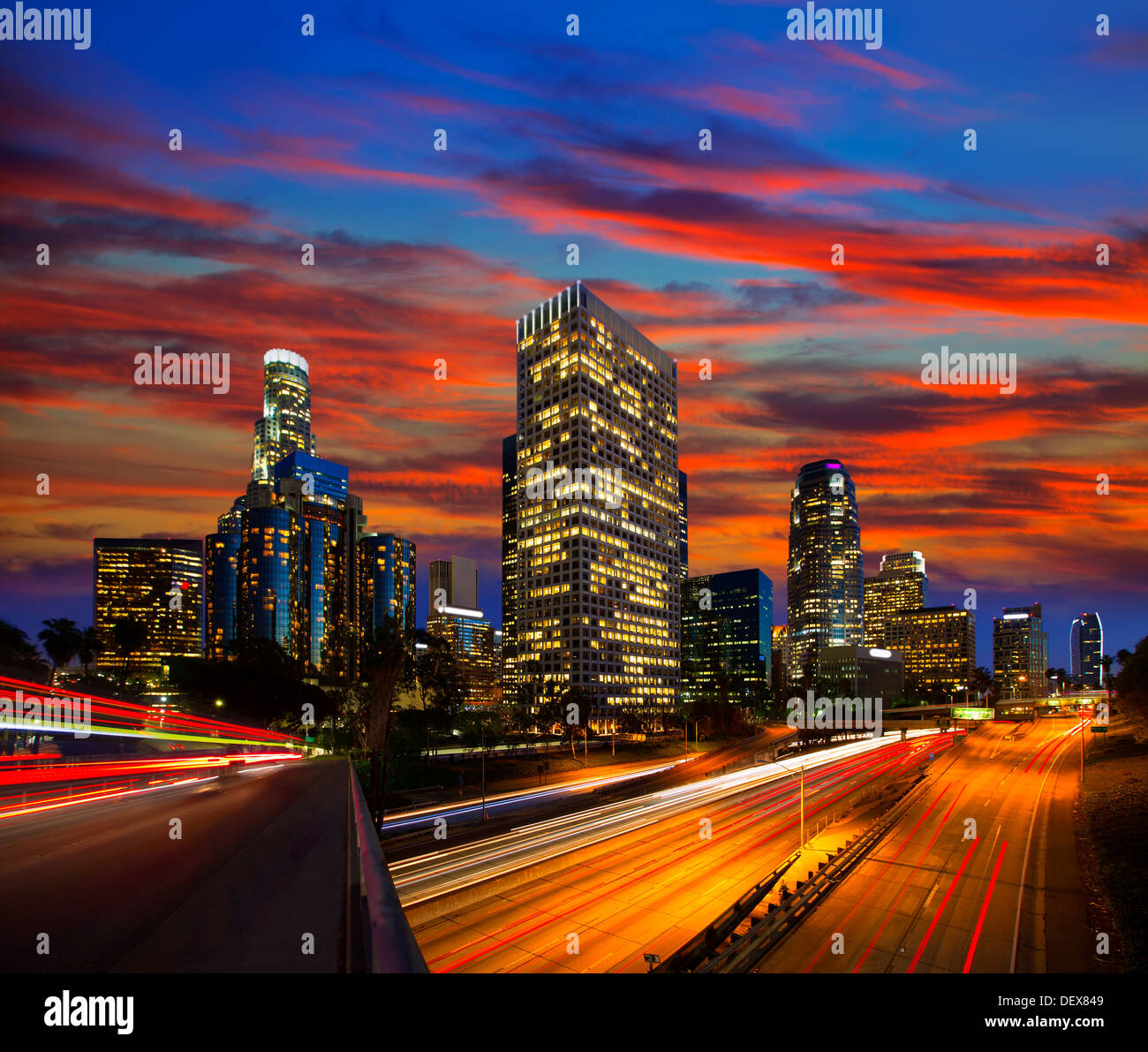 Downtown LA night Los Angeles sunset skyline California from 110 ...