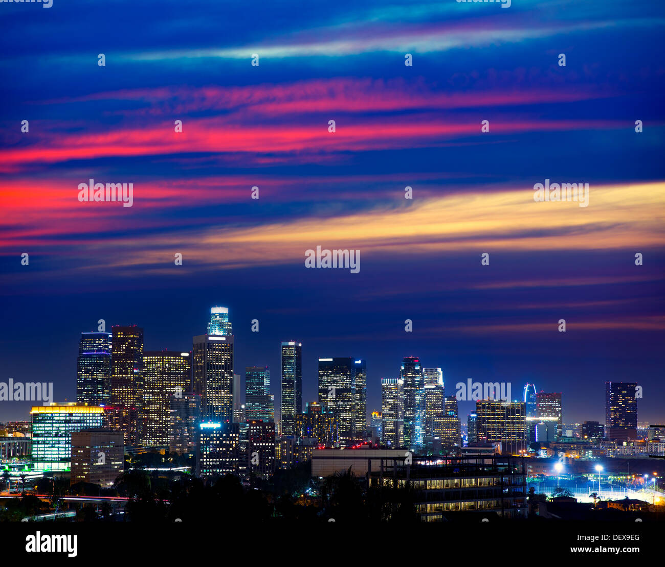 Downtown LA night Los Angeles sunset colorful skyline California Stock Photo