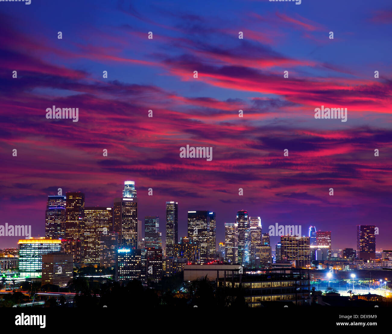 Downtown LA night Los Angeles sunset colorful skyline California Stock Photo