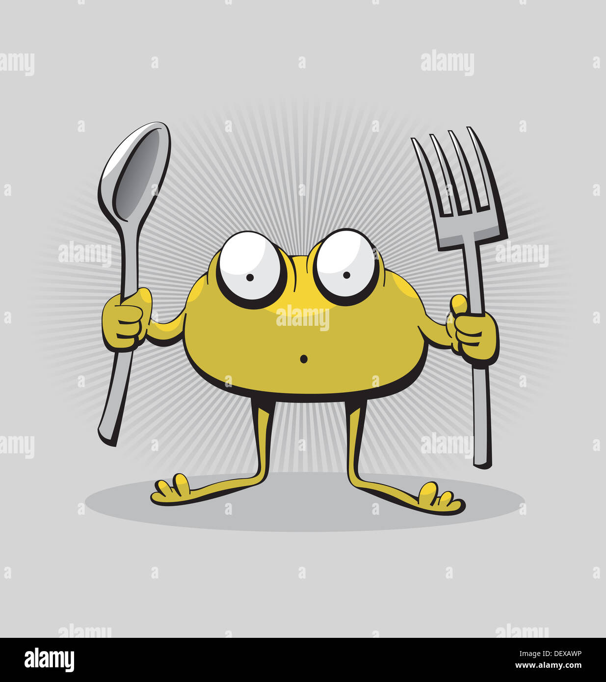 Funny cute hungry surprised monster creature ready to eat with fork and  spoon Stock Photo - Alamy