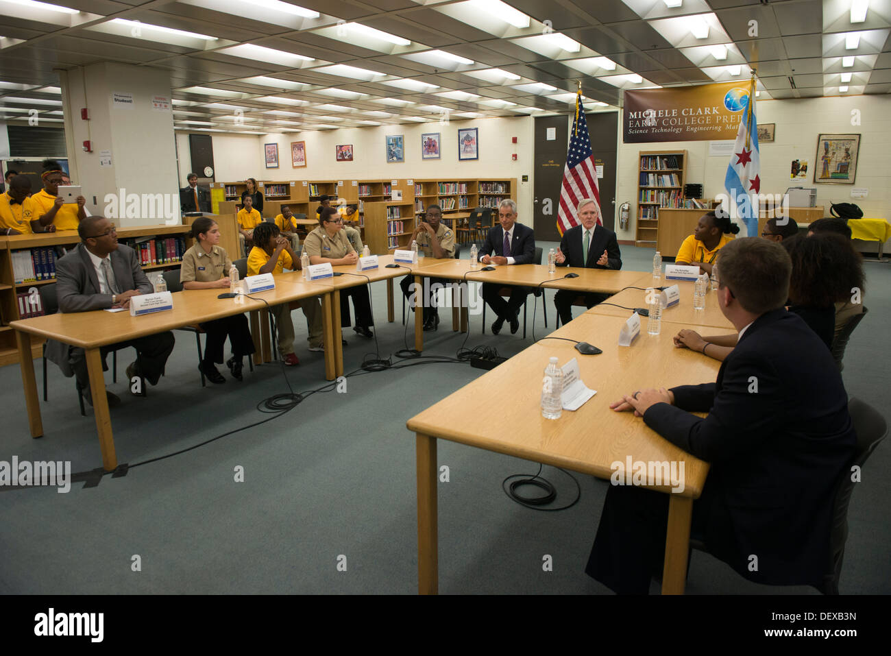 Secretary of the Navy Ray Mabus and Chicago Mayor Rahm Emanuel take part in a Science, Technology, Engineering and Mathematics (STEM) round table discussion with students from Michele Clark High School. During the event, Mabus reinforced the importance of Stock Photo