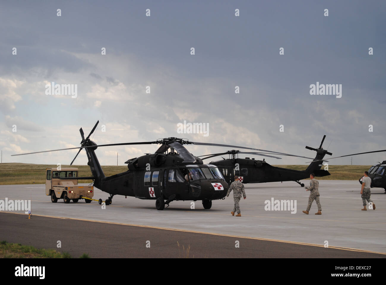 A Wyoming Army National Guard UH-60 Black Hawk prepares to take off to support flood evacuation efforts in Colorado Sept. 14, 2013. Guardsmen were activated through the Emergency Management Assistance Compact--a national mutual aid parternship agreement a Stock Photo