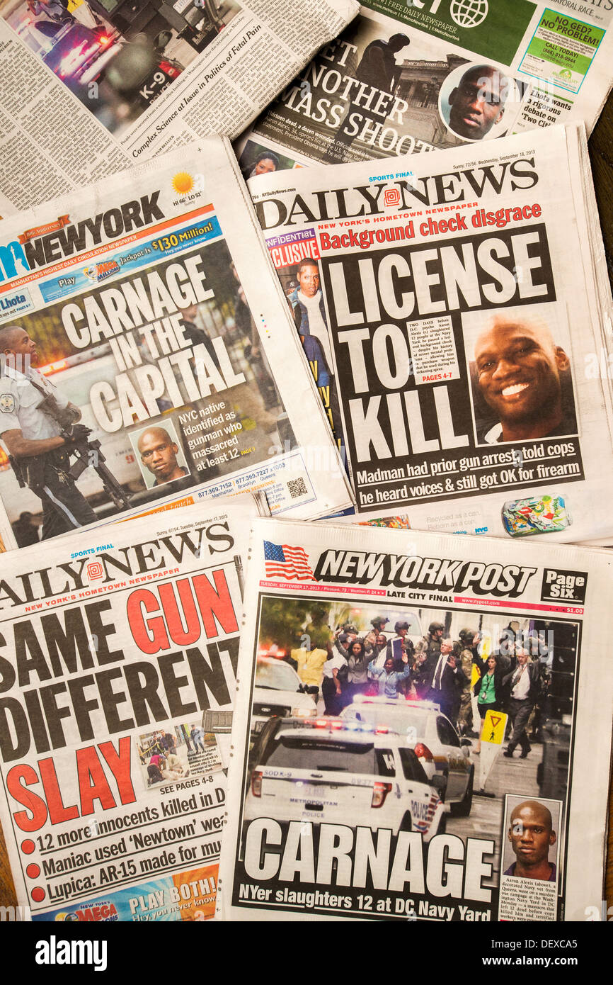 Front pages of New York newspapers report on the shooting in the Washington Navy Yard Stock Photo
