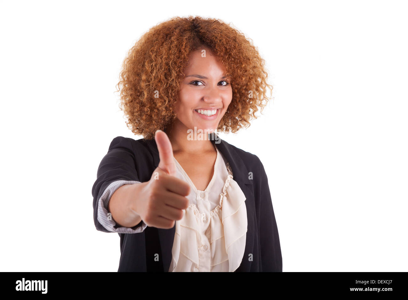Portrait of a young african american business woman thumbs up, isolated ...