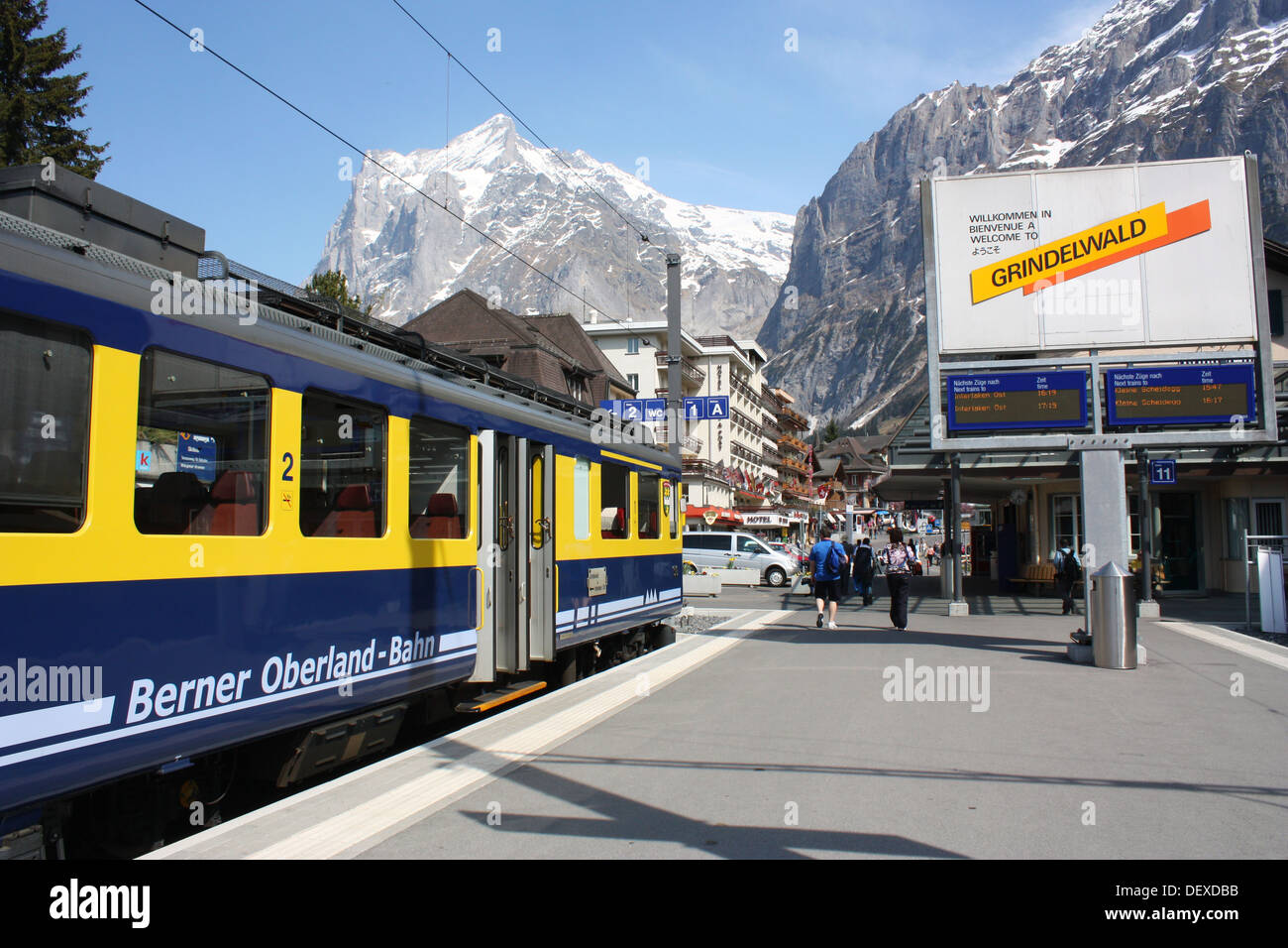 Passenger train in Grindelwald railway station in Switzerland Stock