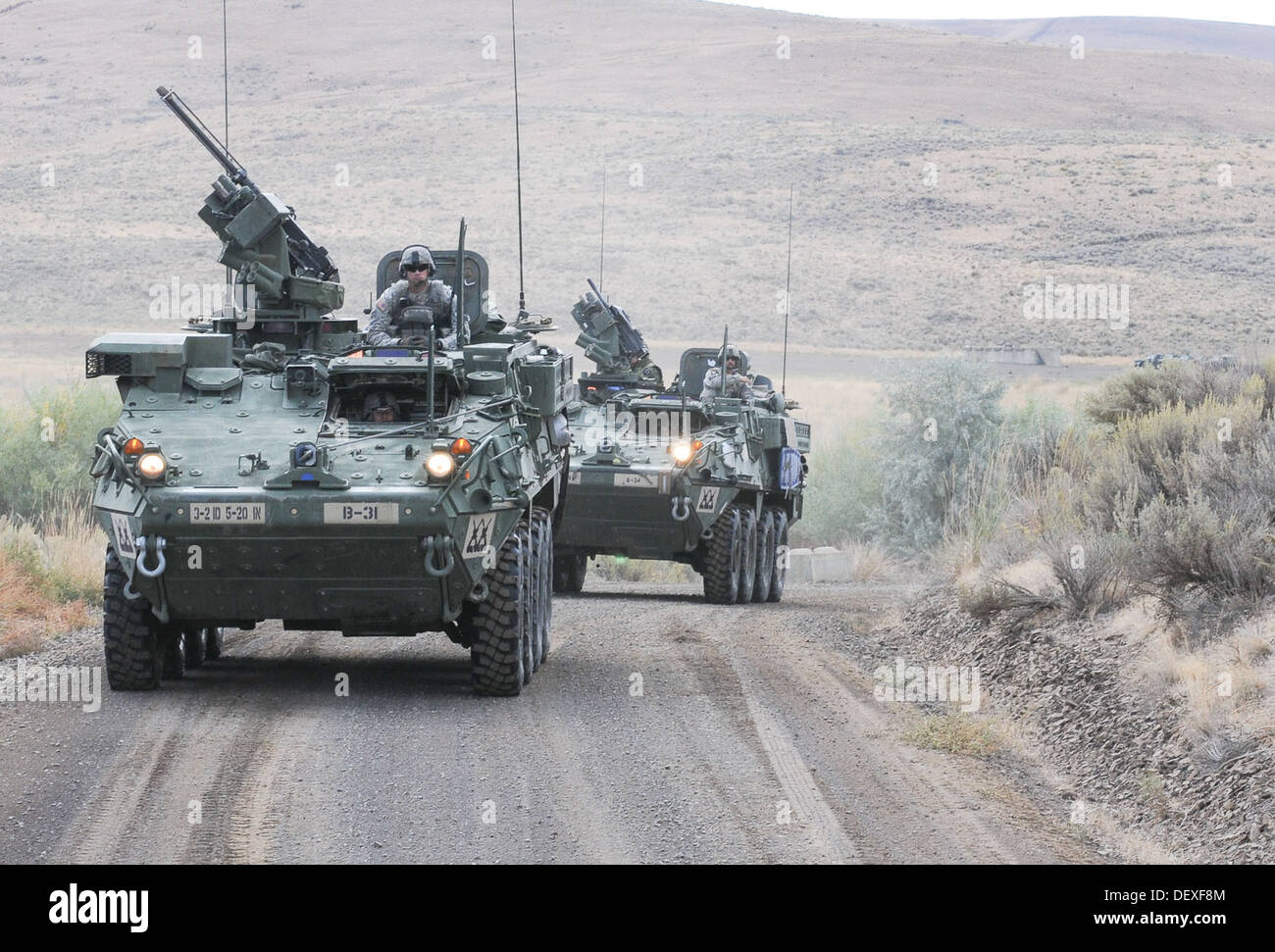 U.S. Soldiers with the 5th Battalion, 20th Infantry Regiment, 3rd Stryker Brigade Combat Team, 2nd Infantry Division, take to the road during a joint platoon exercise at the Yakima Training Center, Wash., Sept. 16, 2013. Rising Thunder is a U.S. Army-host Stock Photo