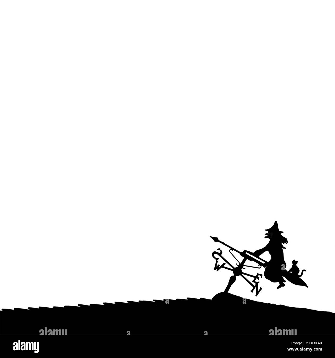 Silhouette of Halloween witch and cat on a broomstick against a white background Stock Photo