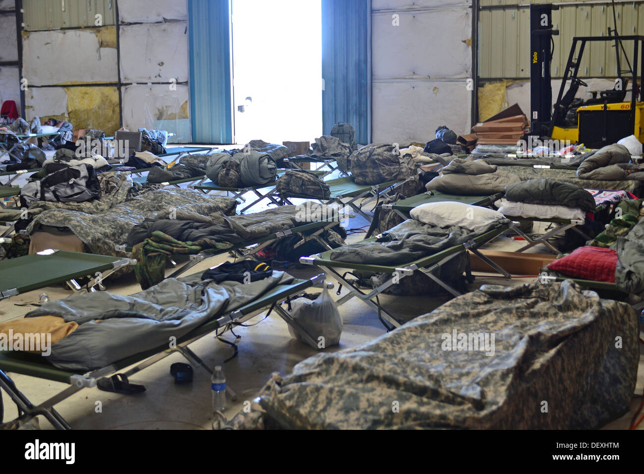 The camp area where U.S. Soldiers assigned to the 2nd General Support Aviation Battalion, 4th Aviation Regiment, 4th Combat Aviation Brigade, 4th Infantry Division, sleep and rest in between missions at Boulder Municipal Airport in Boulder, Colo., Sept. 1 Stock Photo