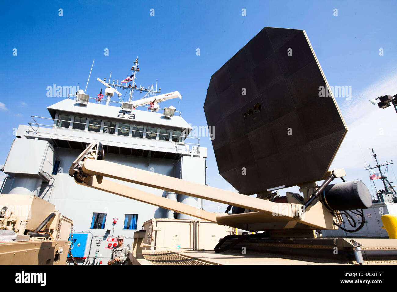 The Joint Non-Lethal Weapons Directorate, from Marine Corps Base Quantico, Va., demonstrates the maritime security application of the Active Denial System at Joint Base Langley-Eustis, Va., Sept. 12, 2013. The ADS was mounted aboard an Army landing craft Stock Photo