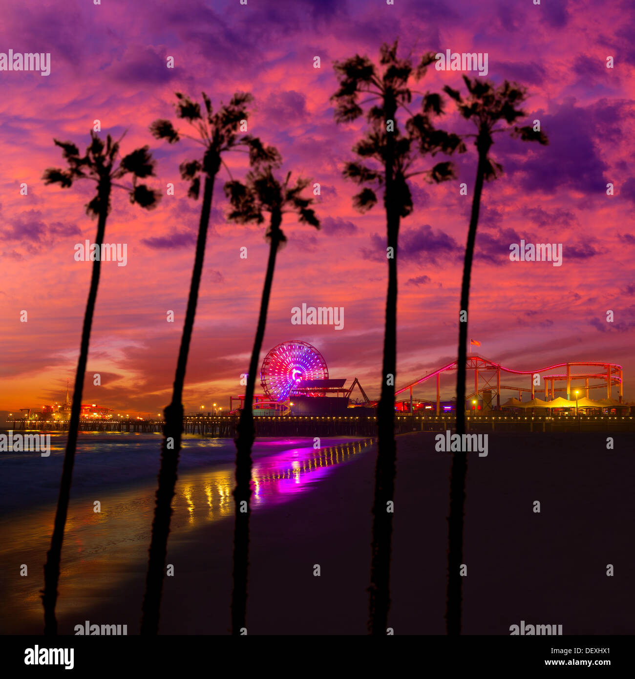 Santa Monica California sunset on Pier Ferrys wheel and Santa Monica California sunset on Pier Ferrys wheel and