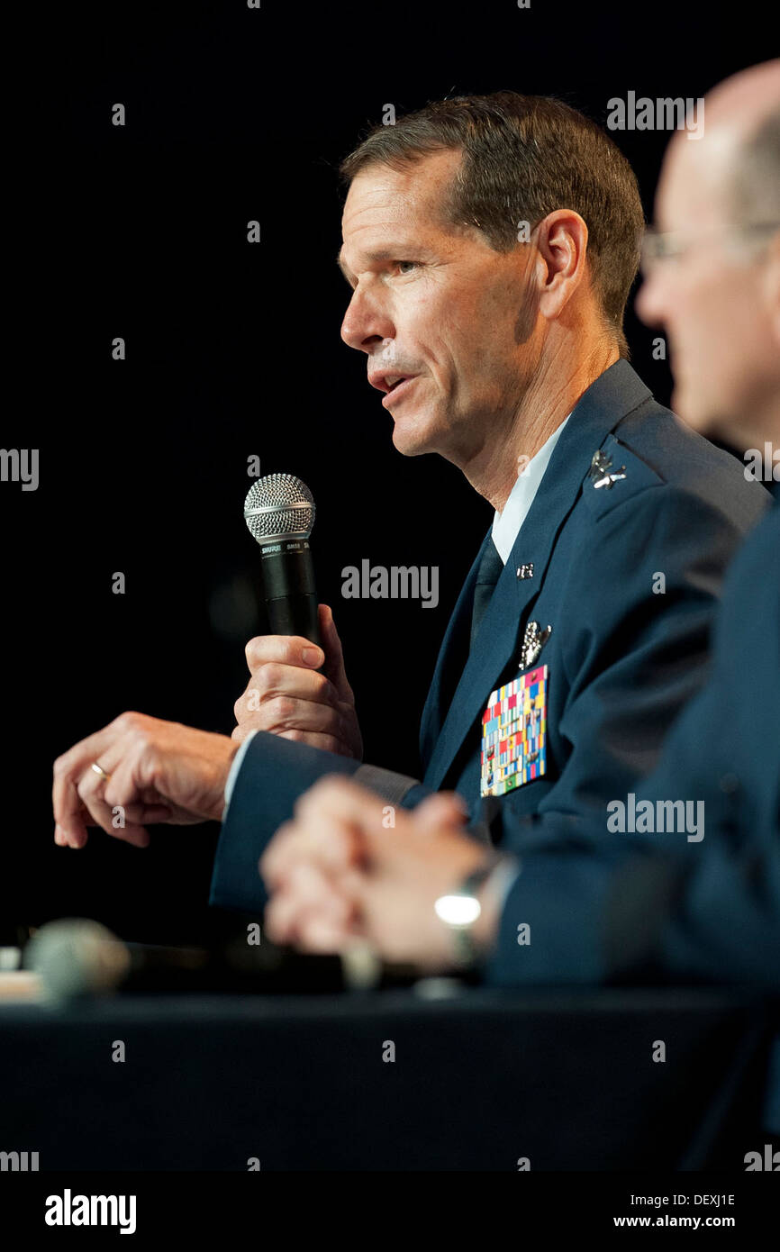 Air Force Lt. Gen. Stanley E. Clarke III, the director of the Air National Guard, addresses an audience during the Air Force Association's Air and Space Conference and Technology Exposition, Sept. 18, 2013, at National Harbor, Md. The conference is design Stock Photo