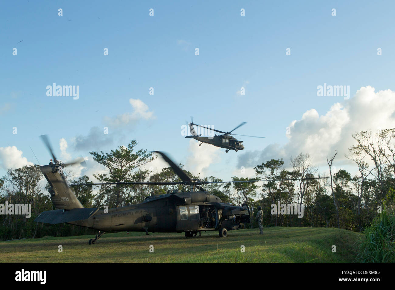 A U.S. Army UH-60 Black Hawk helicopter takes off carrying Marines to an objective Sept. 12 at Camp Schwab as part of the Exercise Lejeune II joint aerial assault training. Soldiers and Marines joined together for this training exercise to gain proficienc Stock Photo