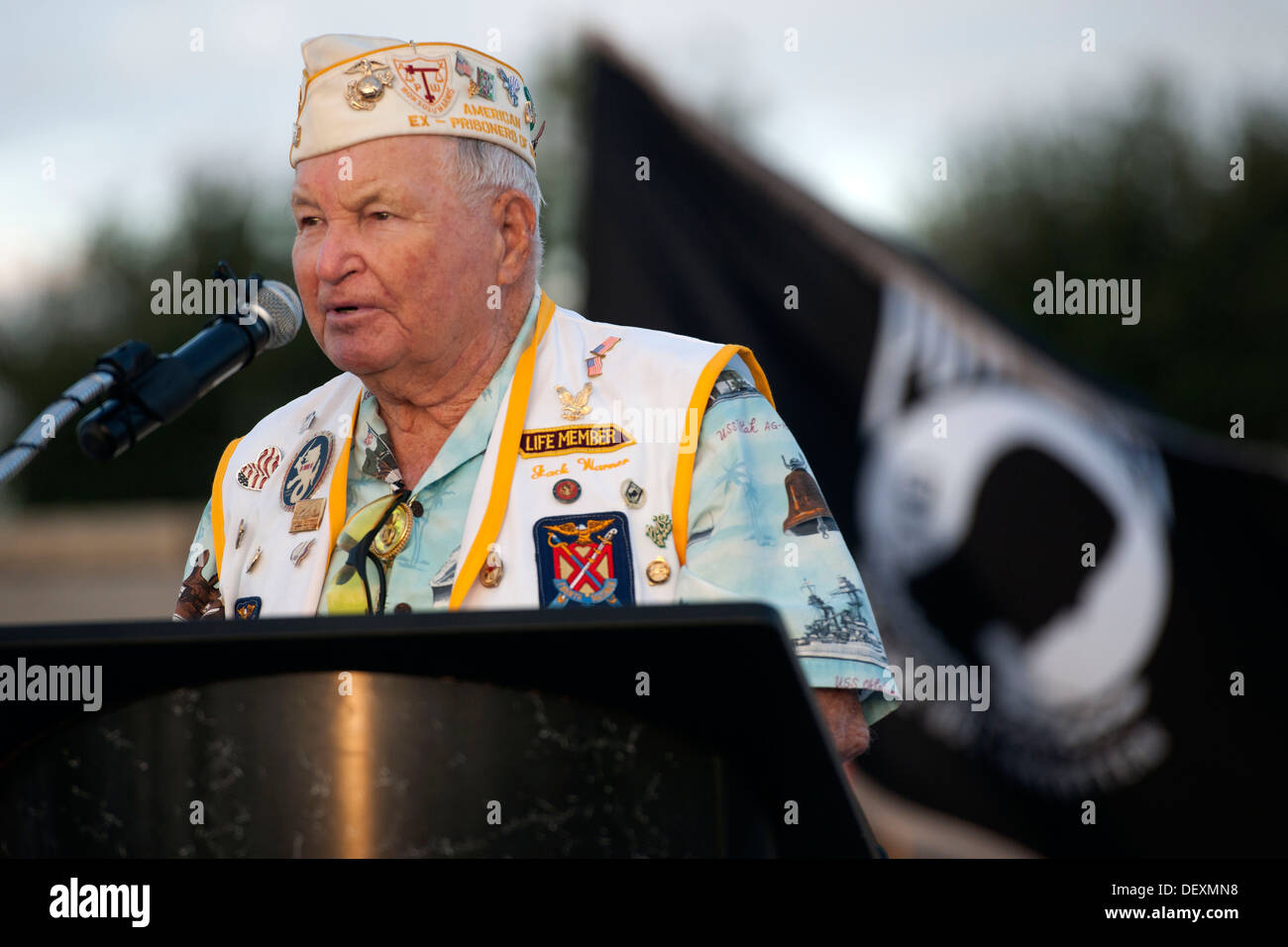U.S. Marine Sgt. Jack Warner, former prisoner of war, gives a speech on his account as Prisoners of War and Missing in Action during the third annual Prisoners of War and Missing in Action Remembrance Ceremony at the Wings of Freedom Park, Sept. 19. He vi Stock Photo