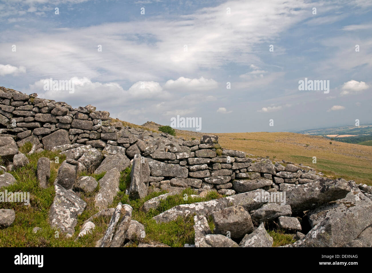 Irishmans Wall on the eastern side of  on Belstone Common,  Dartmoor, looking north Stock Photo