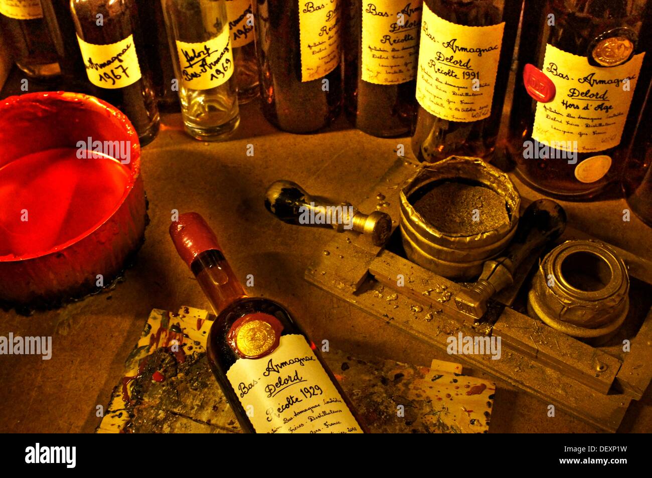 Handmade labeling of the old armagnac of the Armagnac Delord family estate, at Lannepax, Gers, Midi-Pyrenees, France Stock Photo