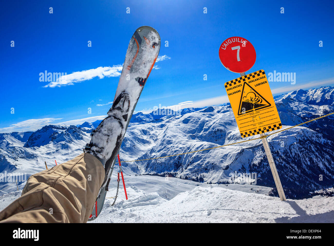Man riding on skis fall down Stock Photo