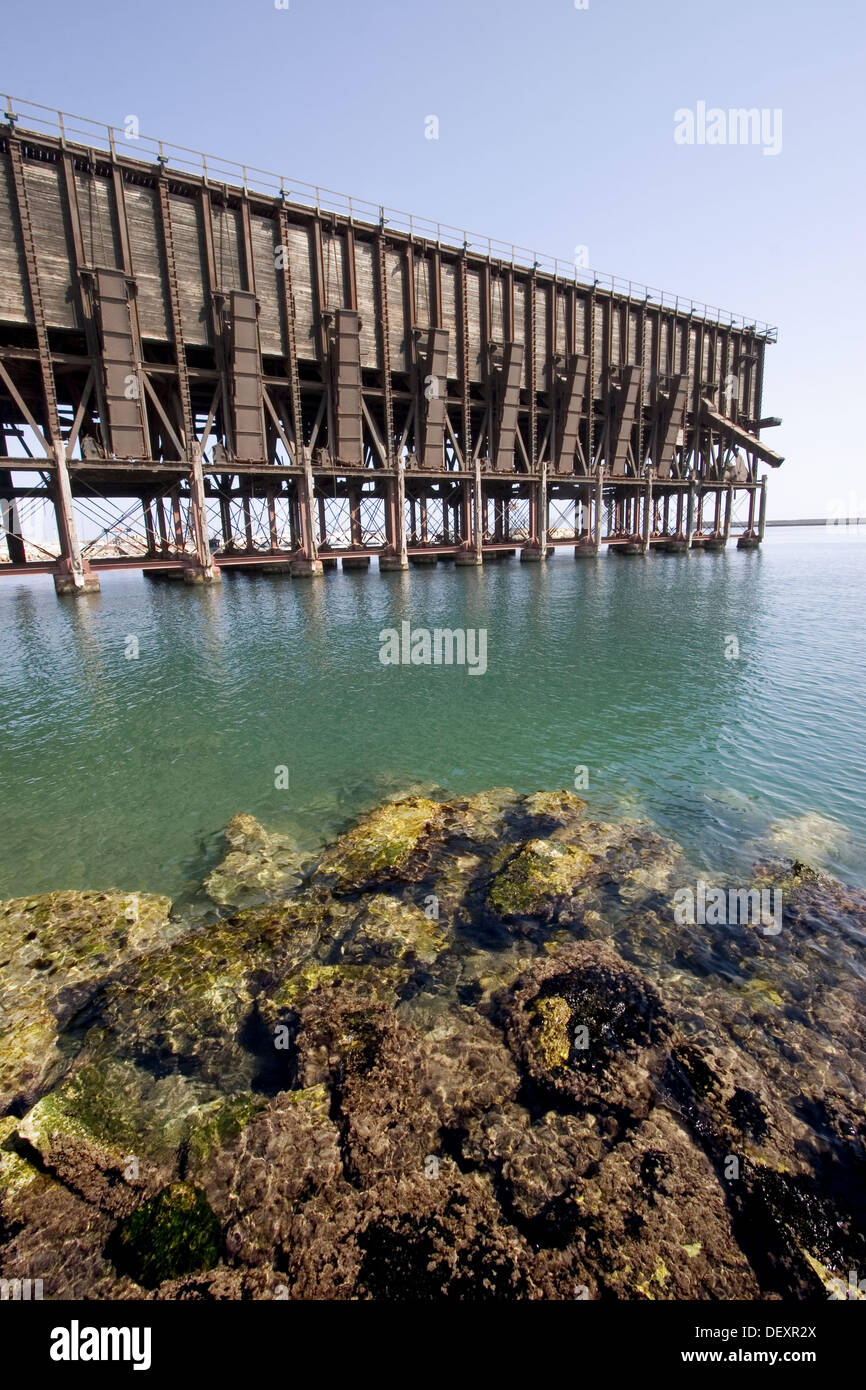 The ´Cable Ingles´, a metal bridge, used to discharge minerals, from the XIX c. Almería. Andalucia. Spain. Stock Photo