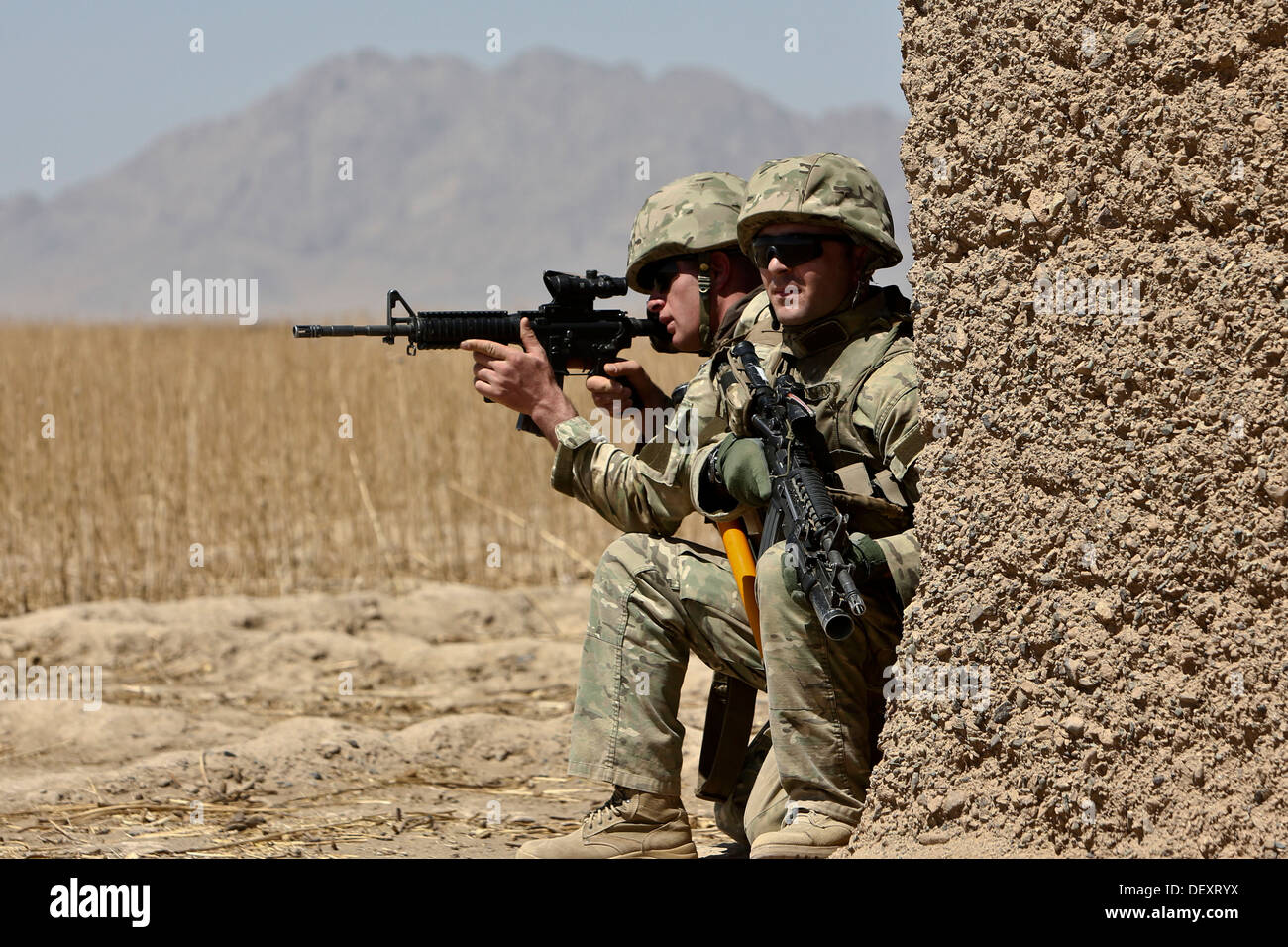 Georgian Army soldiers with 33rd Light Infantry Battalion (33rd GEO), provide security in Barrmo, Washir district, Afghanistan, Stock Photo